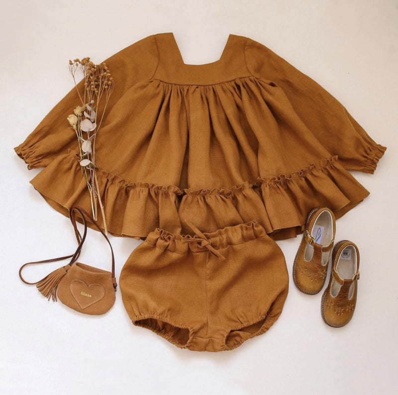 Girls' Cotton And Linen Long Sleeve Square-neck Ruffle Top Triangle Shorts 2-piece Set Clothes For Babies Autumn