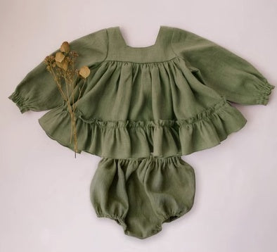 Girls' Cotton And Linen Long Sleeve Square-neck Ruffle Top Triangle Shorts 2-piece Set Clothes For Babies Autumn